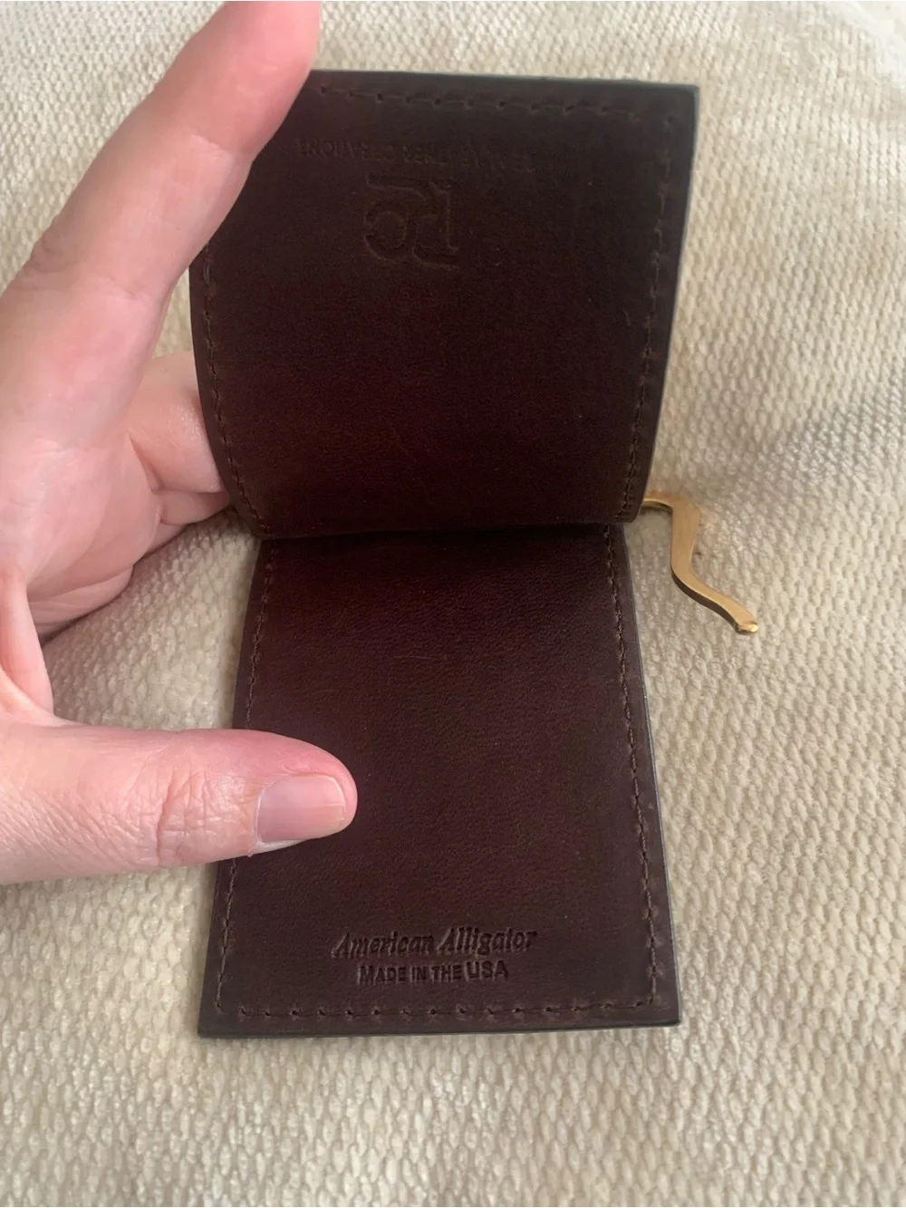 Made in USA Brown Genuine Matte Alligator Leather Brass Clip Wallet Card Case